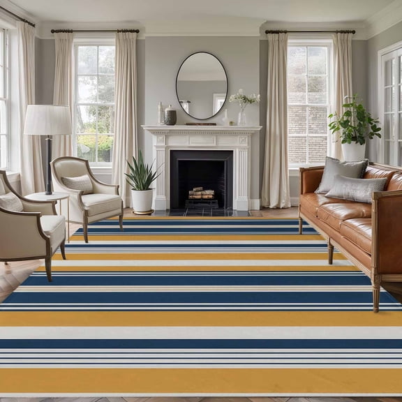 Area Rug for Living Room, Blue Yellow Striped Non-Slip Indoor Large Carpet for Bedroom/Dining Room, Modern Stripes Art Washable Low-Profile Rectangle Floor Runner Rugs - 6 x 9 Ft