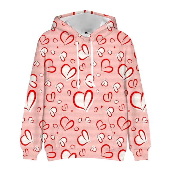Telankuip Men's Valentine's Day Hoodies 2026 Cute Heart Graphic Drawstring Pullover Sweatshirt Baggy Comfortable Long Sleeve Holiday Hooded Tops with Pockets Fall Winter Outfits 7-Light Pink XL