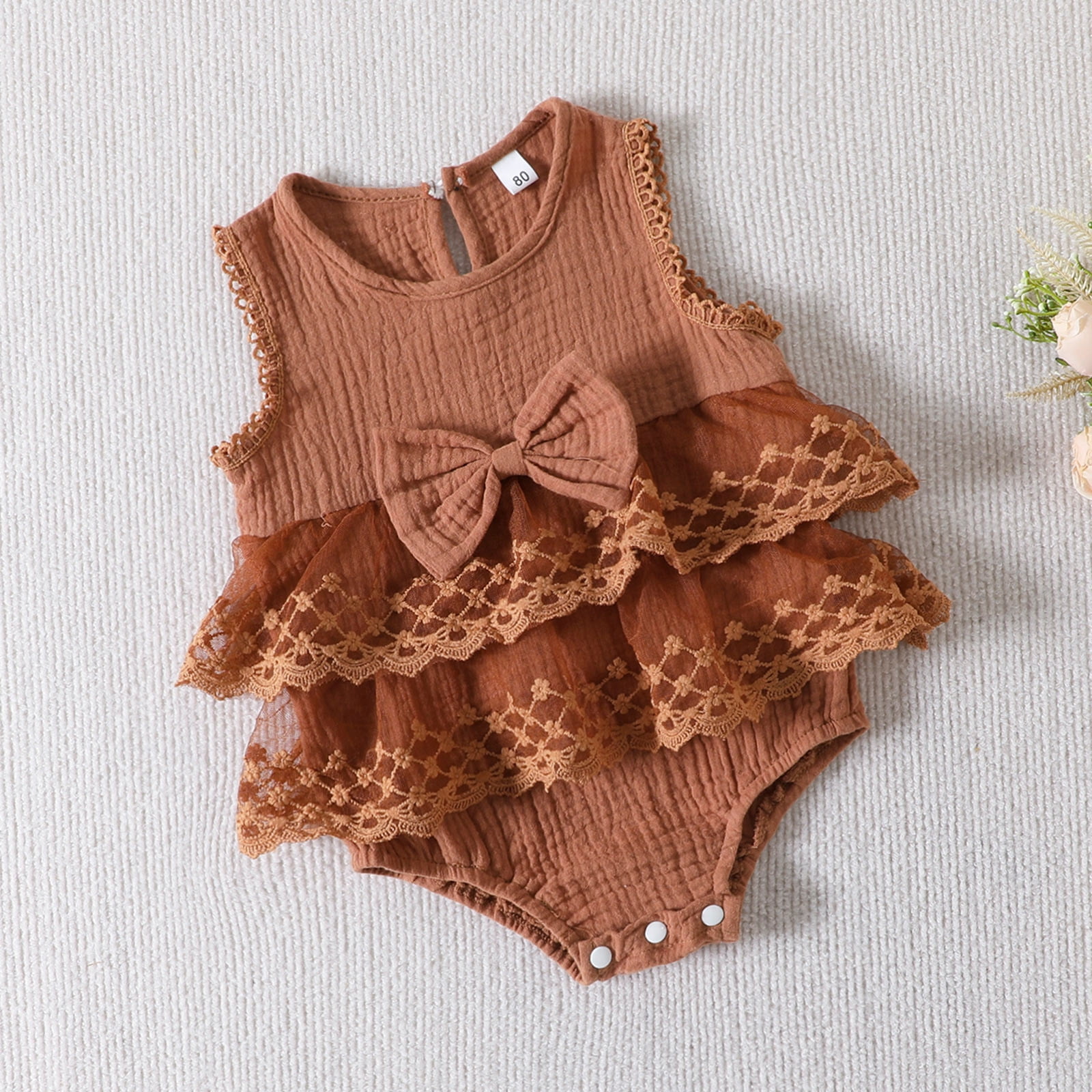 Toddler Girl 100% Cotton Solid Color Bowknot Button Design Ruffled Sleeveless Romper