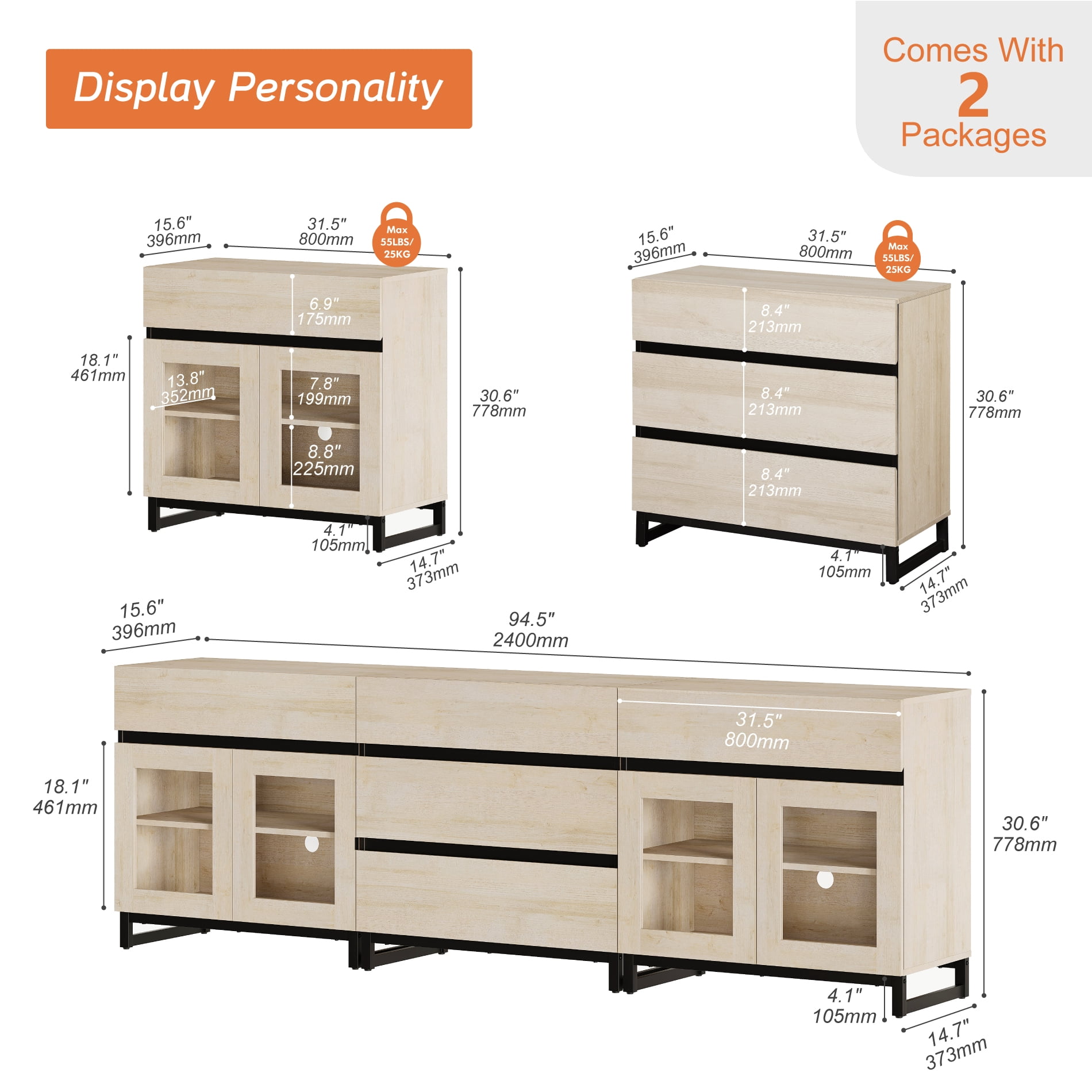 3 In 1 TV Stand For Tvs Up To 100 Inch, Modern TV Console With Glass Doors And 5 Drawers, Media Console With Adjustable Shelf For Living Room, Bedroom,Beige