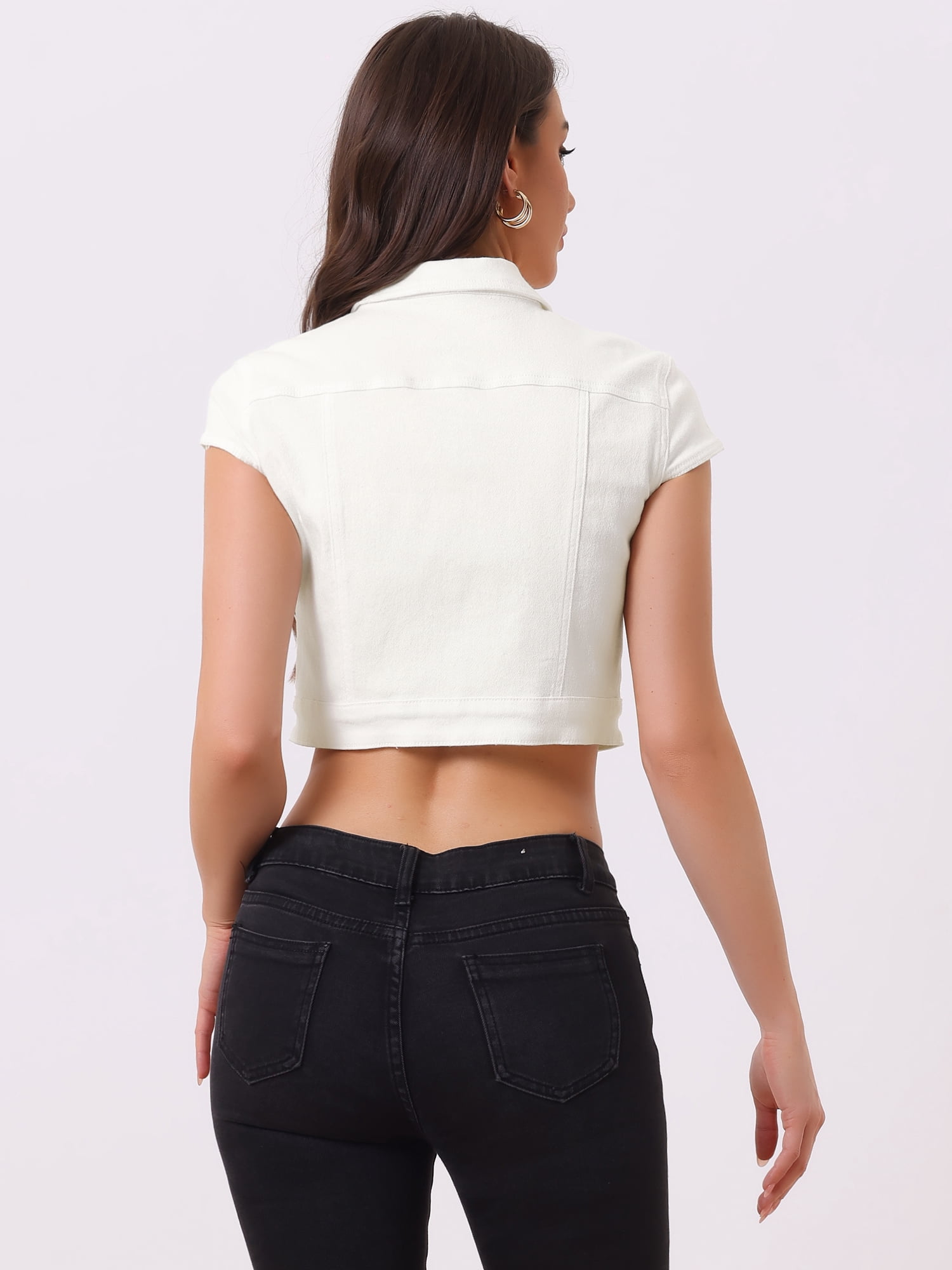 DARING DIVA Women's Cap Short Sleeve Cropped Denim Jacket XL White