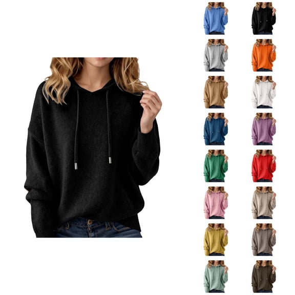 Sweater Hoodie for Women 2026 Trendy Long Sleeve Knit Solid Color Hooded Sweatshirt Pullover Top
