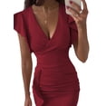 thumbnail image 4 of Loliuicca Women's Vintage Wrap V Neck Ruffle Sleeve Bodycon Midi Dress Ruched Evening Party Cocktail Pencil Formal Dress, 4 of 5