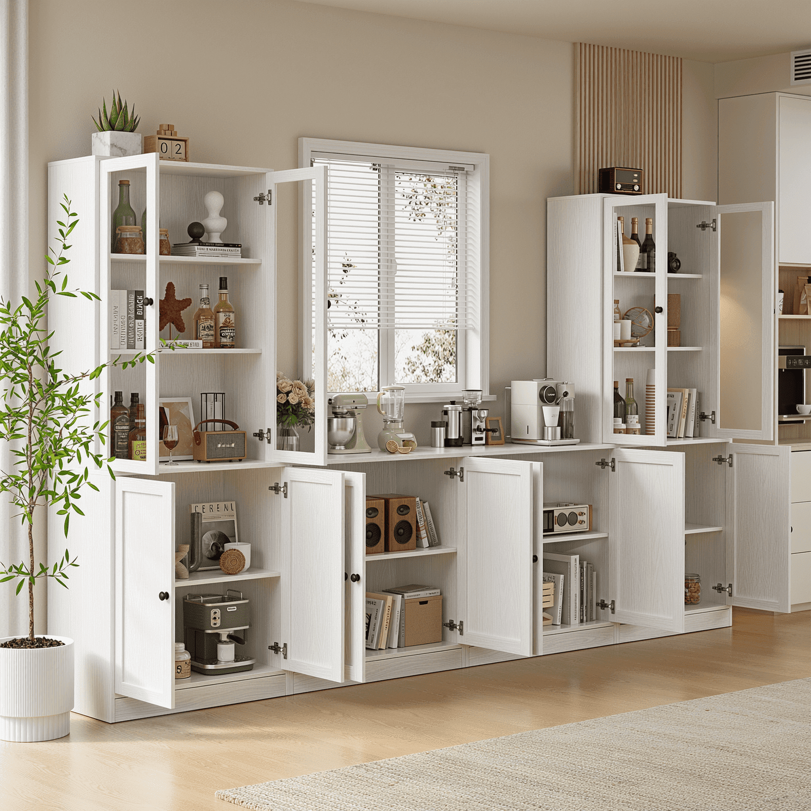 RichYa 4Pcs Kitchen Pantry Storage Cabinet,Modular Furniture Cabinets with Display Glass Doors,Hutch Buffet Cabinet with Shelves for Dining Room,White