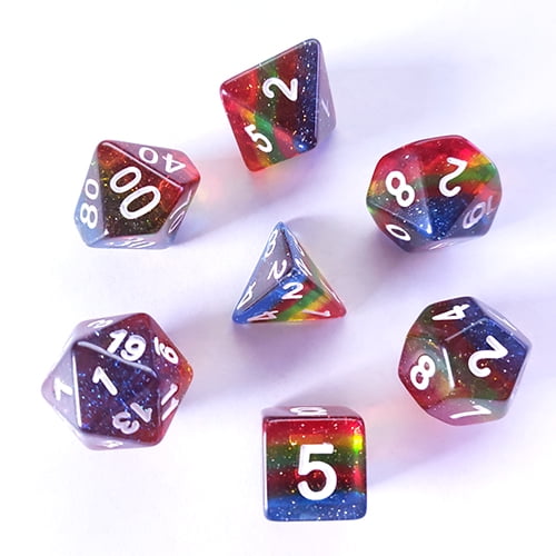 Galactic Dice Premium Dice Sets - Transparent Glitter Rainbow Acrylic Set of 7 Dice