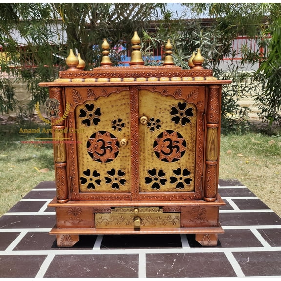 Wooden Temple Mandir with Om Design | Indian Handicraft Pooja Ghar for Worship & Wall Decor Handicraft Indian Art