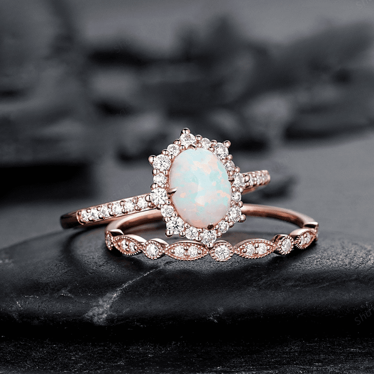 White Fire Opal and Diamond Engagement Ring Set in 14K Rose Gold