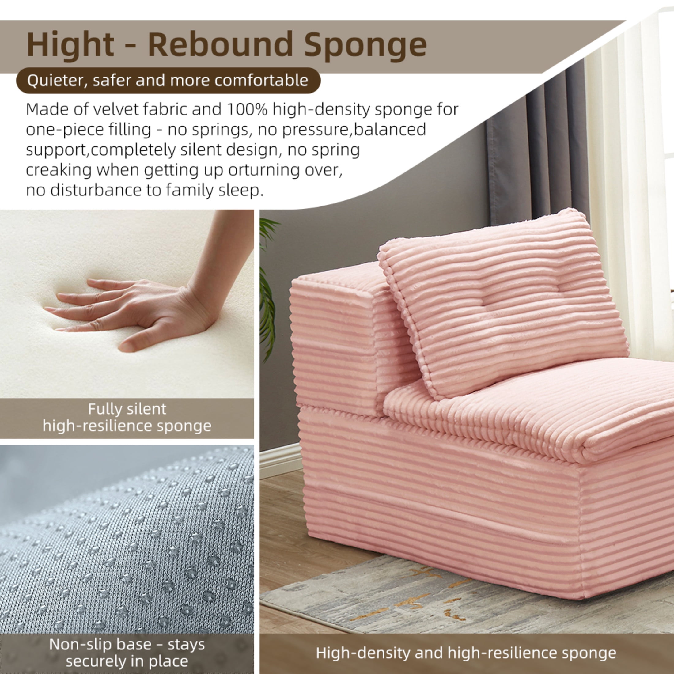 Noble House 80" Convertible Sectional Sofa Bed, Plush Corduroy King Size Sleeper with Chaise, Living Room, Baby Pink
