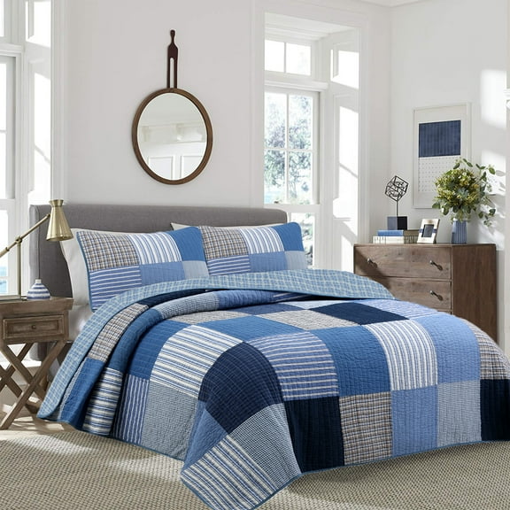 Cozy Line Home Fashions Cozy Line Blue Jean Plaid Stripe Tartan Patchwork Cotton Reversible Quilt Bedding Set Queen