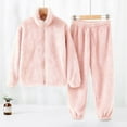 thumbnail image 4 of IVEYRTF Girls Solid Color Plush Two-Piece Set Stand Collar Fleece-Lined Warm Fall Winter Casual Comfortable Fit Homewear Cozy Outfit(Pink,12-13 Years), 4 of 5