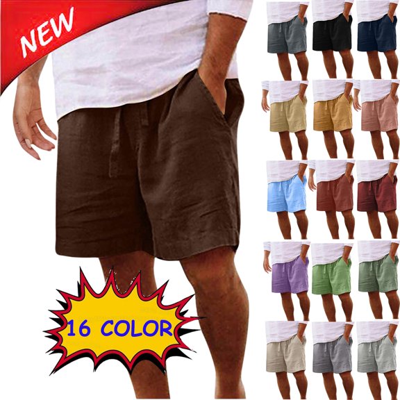 Tqyyweavej Men's Plus Size Linen Shorts Drawstring Elastic Waisted Casual Summer Beach Shorts Straight Leg Solid Color Workout Shorts with Pockets