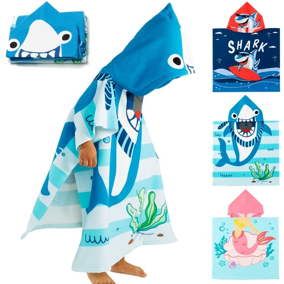 mijaja Kids Bath and Beach Hooded Towel Cartoon Wrap,24" x 48", Light blue Shark
