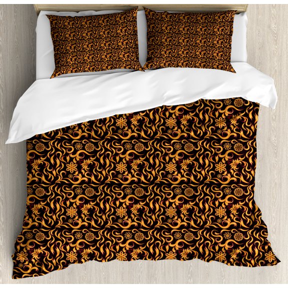 Abstract Duvet Cover Set King Size, Swirl Ornament Flame Patterns Elements of Fire Magic Modern Art, Decorative 3 Piece Bedding Set with 2 Pillow Shams, Black Marigold Pale Orange, by Ambesonne