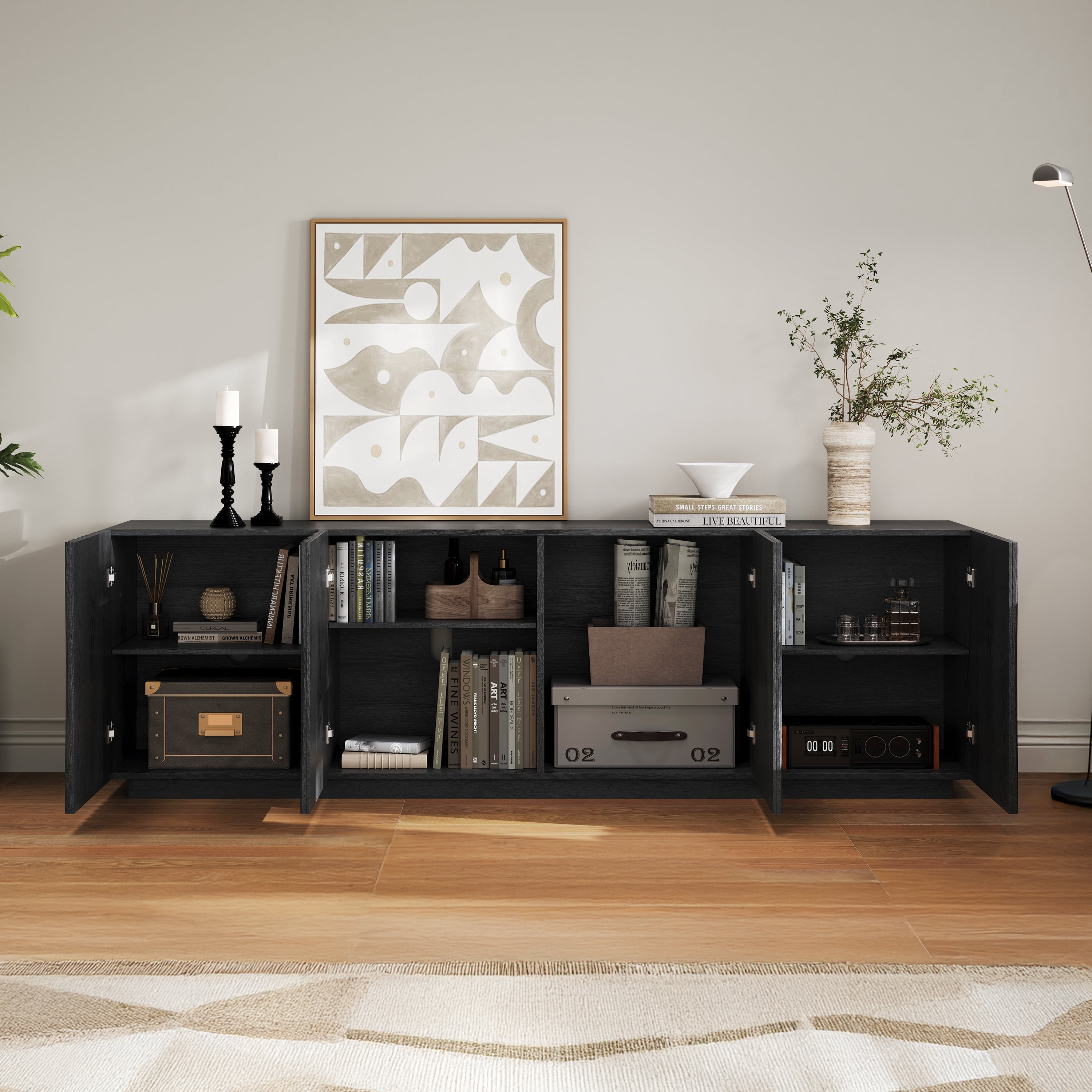 CHIC HOUSE 70" Fluted TV Stand for TVs up to 75", Mid-Century Modern Tall Media Cabinet with 4 Doors & Shelves, Wave-Inspired Wooden TV Console for Living Room, Bedroom, Black