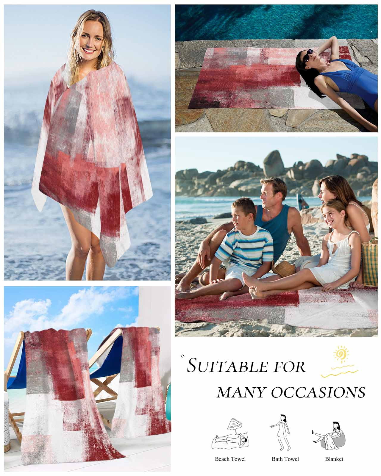Red Grey Oil Painting Beach Towels Oversized Super Absorbent, Abstract Modern Street Smear Art Lightweight Bath Towel Quick Dry Sets For Bathroom/Pool/Rv Camping/Beach Play/Gym Room/Picnic 23"x47"
