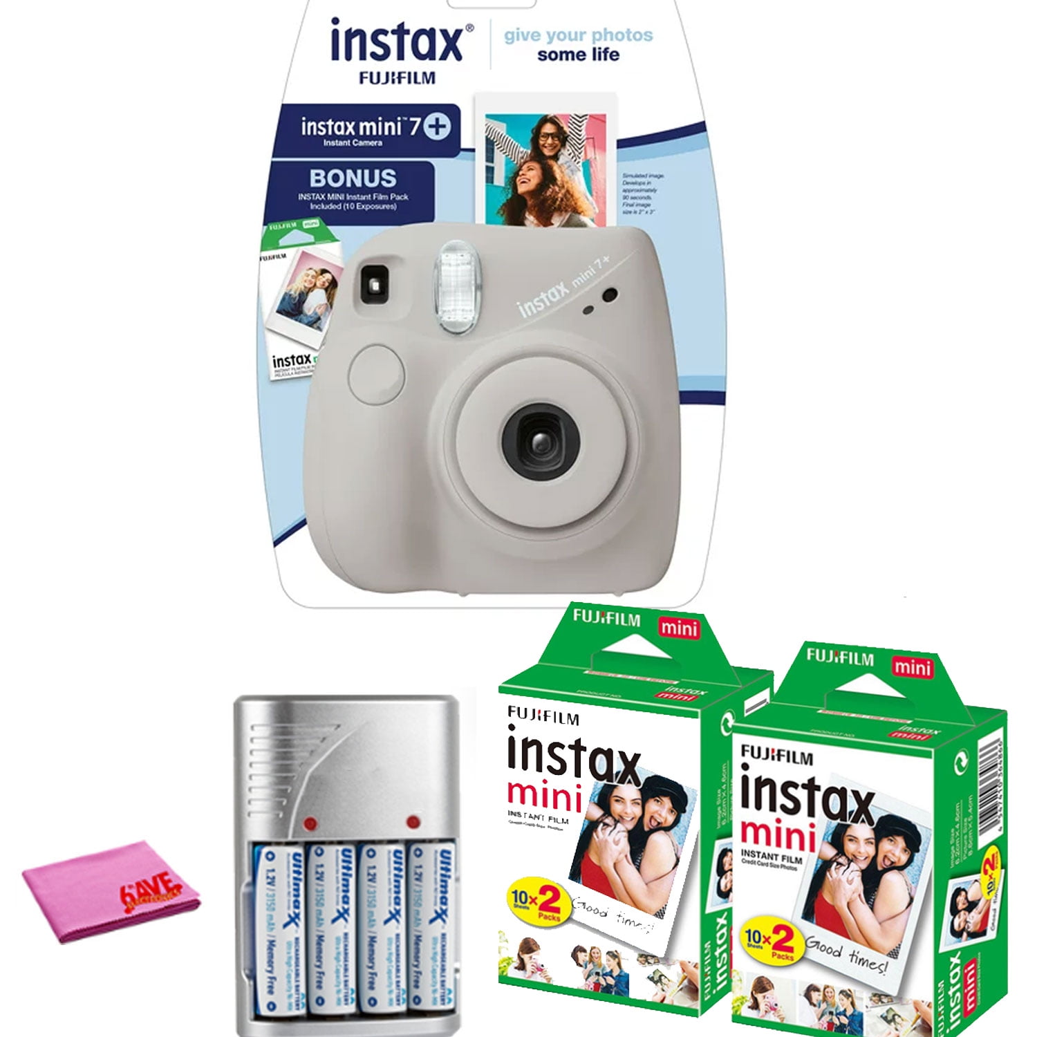 toewijzing peddelen Ambassadeur FujiFilm Instax Mini 7+ Instant Camera, Gray Bundle + (10 Film Pack) + 2x Instax  Mini Twin Pack Film (50 Sheets Total) + Rechargeable Batteries - Walmart.com