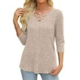 thumbnail image 3 of BiZtdJrK 3/4 Sleeve Tops for Women Ribbed Knit Fall Sweaters Dressy Crossover V Neck Pullover Blouse Going Out Tunic, Beige, XL, 3 of 8