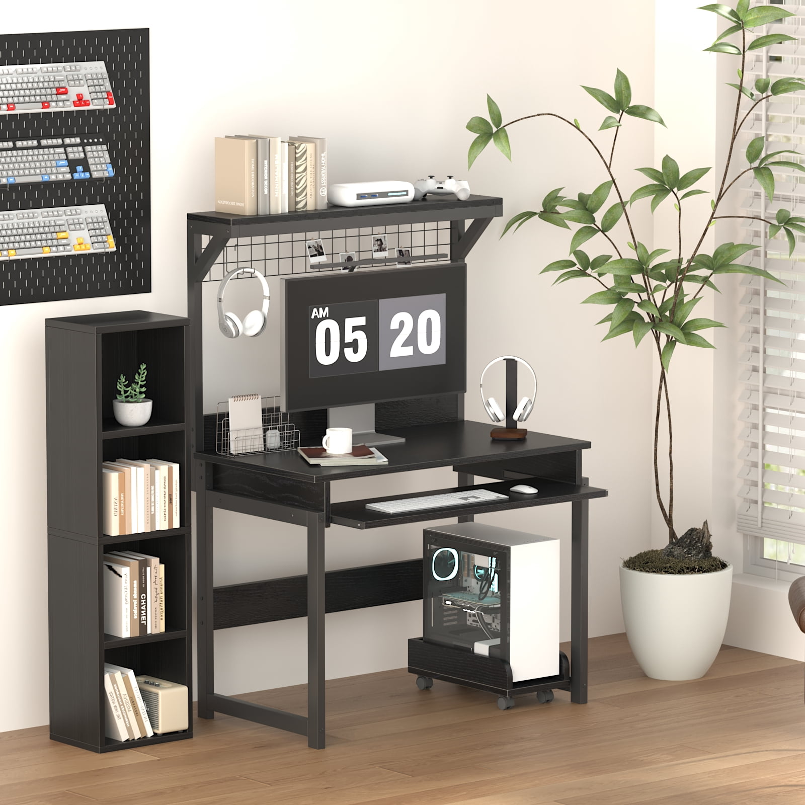 MIN EN WIN Retro Computer Desk with Storage Shelf and Keyboard Tray, Industrial Style Gaming Desk for Home Office,Black