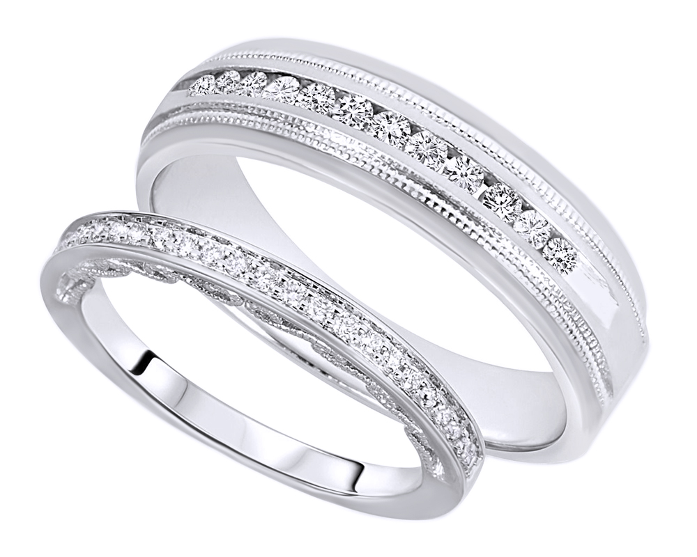 AFFY Round Cut White Natural Diamond His And Hers Wedding Band Ring Set in 14K White Gold (0.38 Cttw) By
