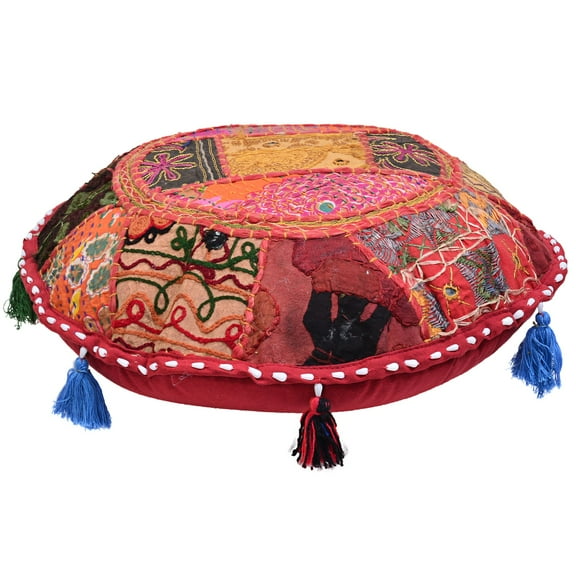 Stylo Culture Indian Round Floor Pillow Vintage Bohemian Patchwork Cushion Cover Colorful Small Throw Pillow Covers 18 x 18 Decorative Tuffet Seat Pouf Cover Footstool Cotton Embroidered 1 Pc