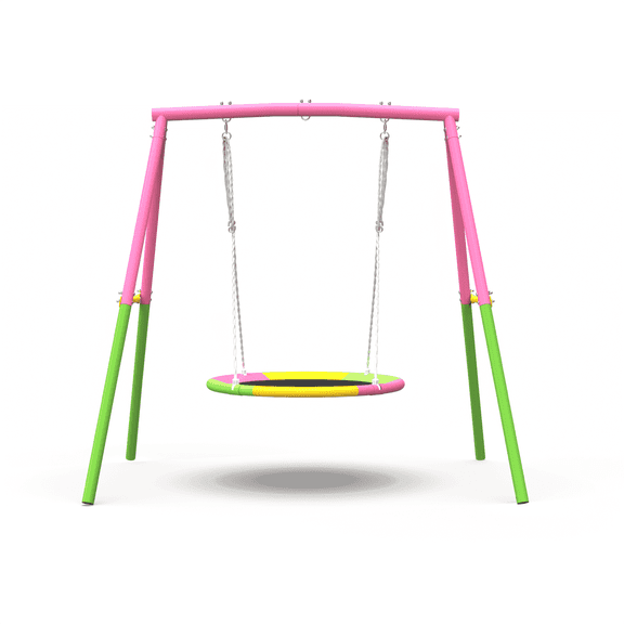 Kdymod 440lbs 40" Saucer Swing with Frame for Kids Outdoor, Heavy Duty Metal Swing Set with Adjustable Ropes & Ground Anchors, A-Frame Backyard Playset for Playground, Toddlers Ages 3 , Pink