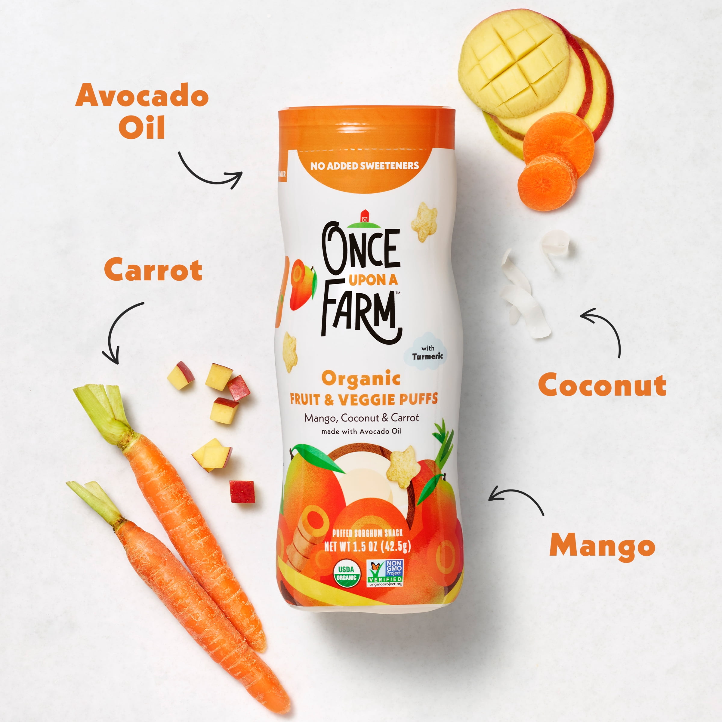 (6 pack) Once Upon a Farm Organic Baby Puffs, Mango, Carrot & Coconut, 1.5oz Canister
