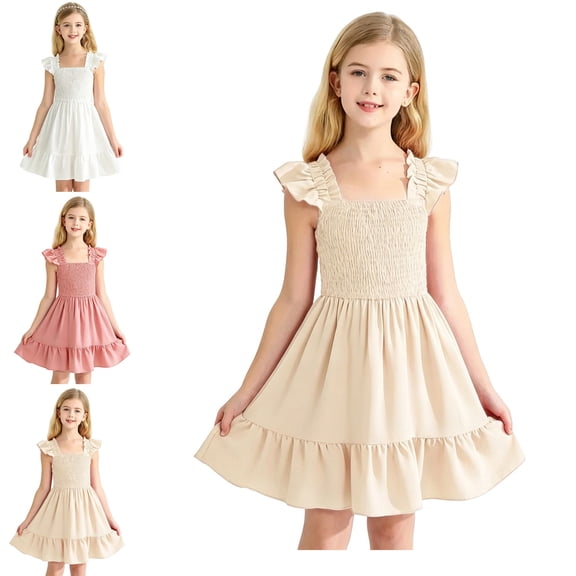 Kids Girl Dress Flutter Sleeve Smocked Dress A Line Flowy Dresses Girls Summer Dresses Size 5-6 Years