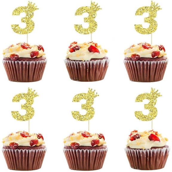 12pcs Number 3 Cupcake Toppers 3rd Birthday Crown Three Birthday Gold Glitter Number 3 Picks Cheers to 3 Years Old Decorations for Baby Shower Anniversary Party Cake Supplies