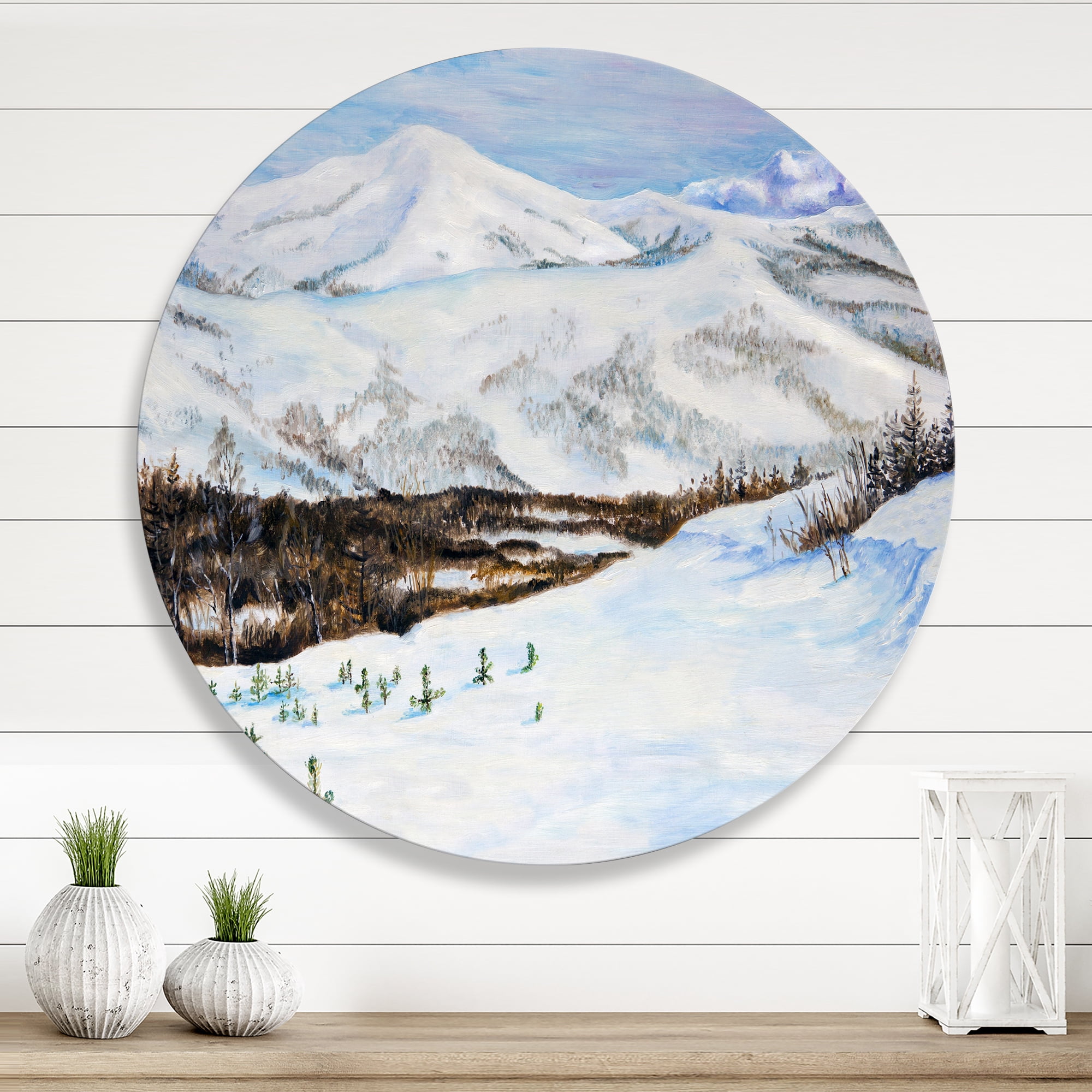 Designart 'Snow-Capped Mountains With Winter Landscape' Traditional Circle Metal Wall Art 23x23 - Disc of 23