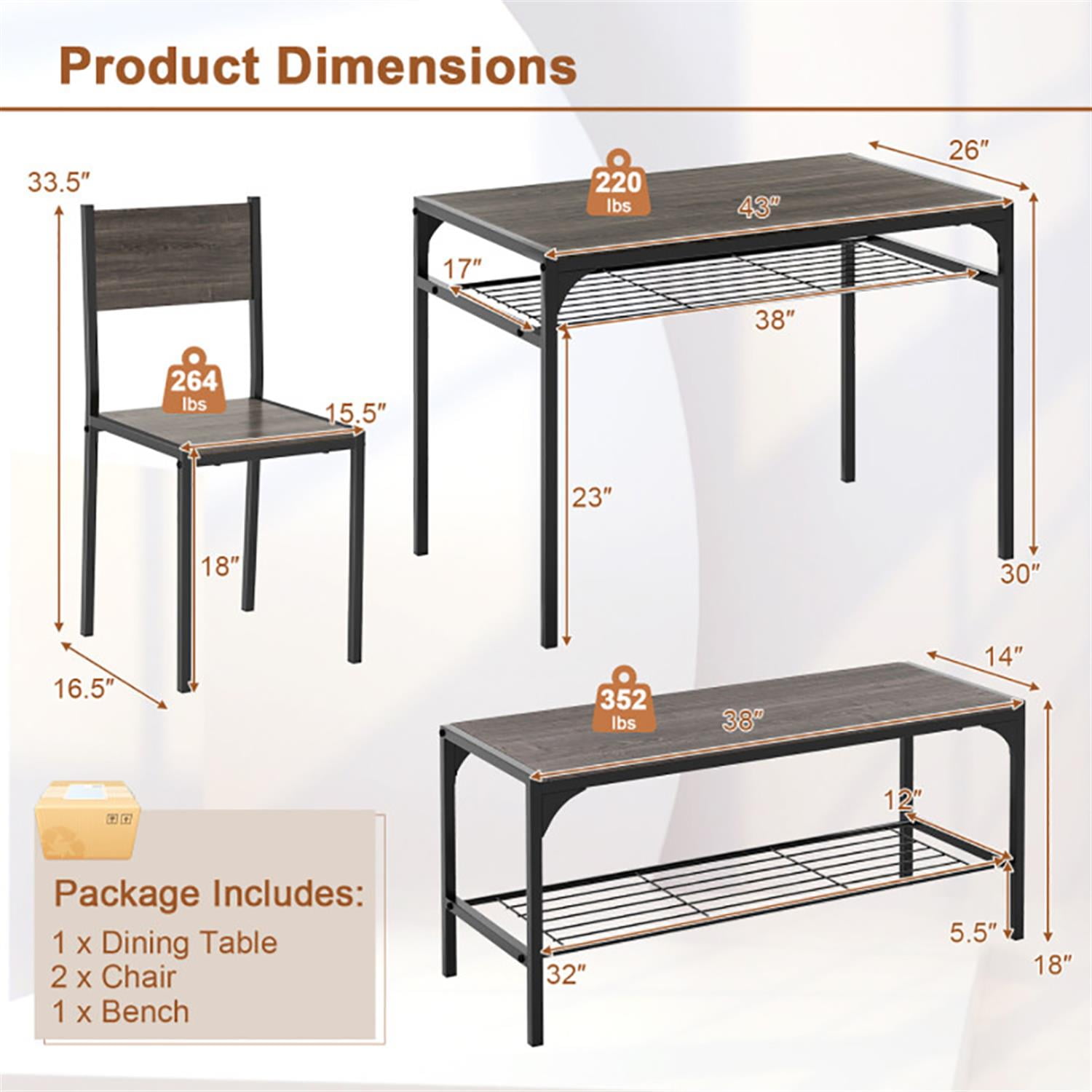 Demi Bonn 4-Piece Dining Table Set with Bench and 2 Chairs, 43"dustrial Kitchen Table with Metal Frame and Storage Rack, Perfect for Small Space, Gray