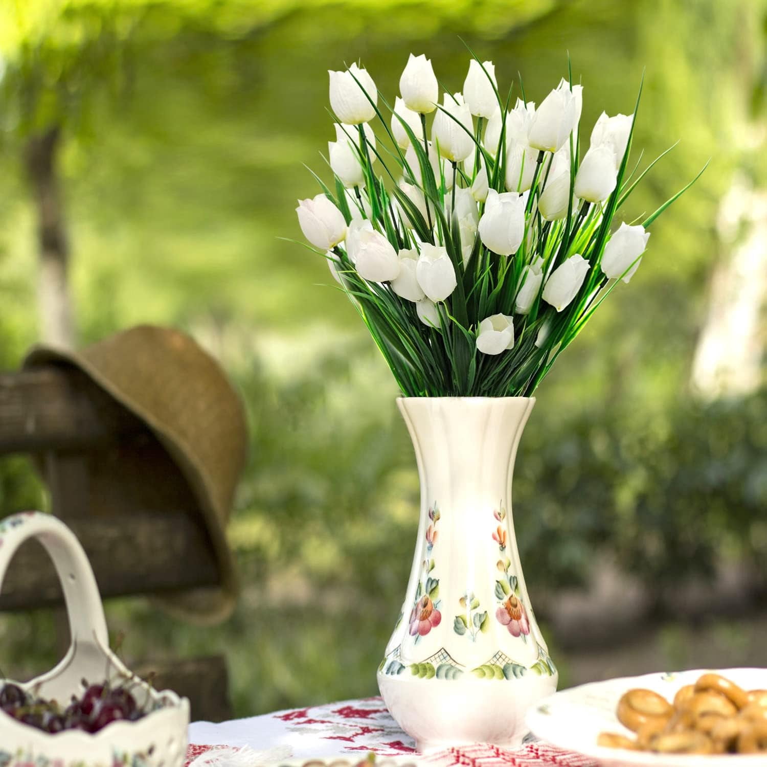 Morttic 8 Pcs Tulips Artificial Flowers for Outdoors, Fake Plants Faux Plastic Silk Floral Arrangement for Home Indoor Outside Table Vase Garden Spring Decor