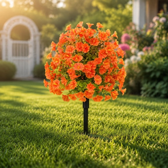 Artificial Mum Topiary Outdoor Decoration with Ground Stake, Waterproof Plastic for Porch Yard Patio Fall Decor Orange