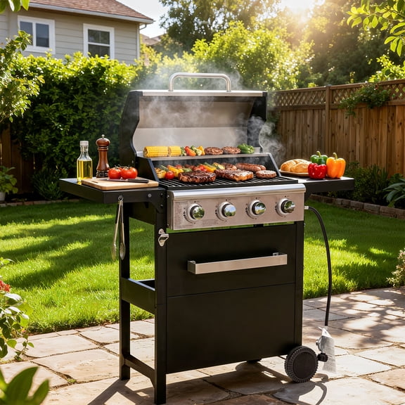 SEGMART 4 Burner BBQ Propane Gas Grill, Stainless Steel 36,000 BTU Patio Garden Barbecue Grill with Folding Side Tables, Hanging Basket & Thermometer, Perfect for Camping, Outdoor Cooking