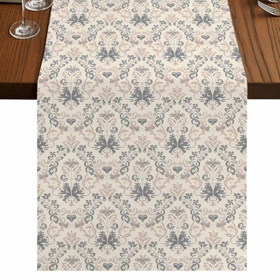 Beige Grey Baroque 36 Inch Table Runner, Abstract Art Floral Pattern Farmhouse Dresser Scarf Cotton & Linen Tablerunner for Dining/Kitchen Island/Holiday Party Décor Small 13" x 36"
