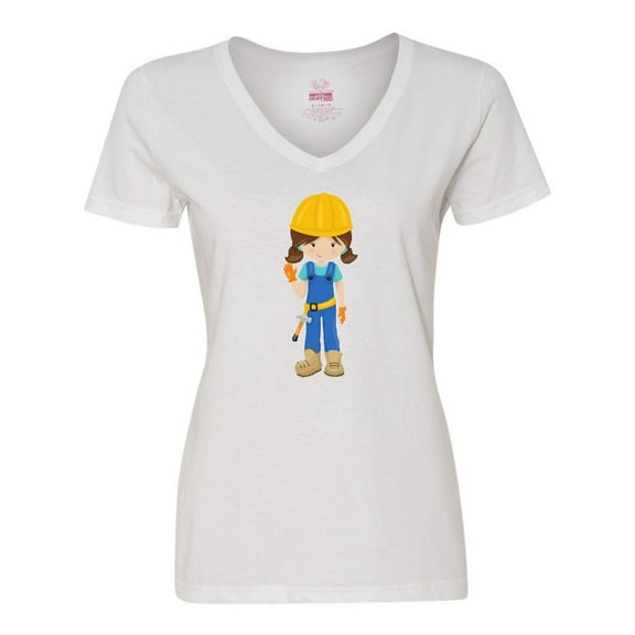 Inktastic Cute Girl, Construction Worker, Brown Hair Women's V-Neck T-Shirt