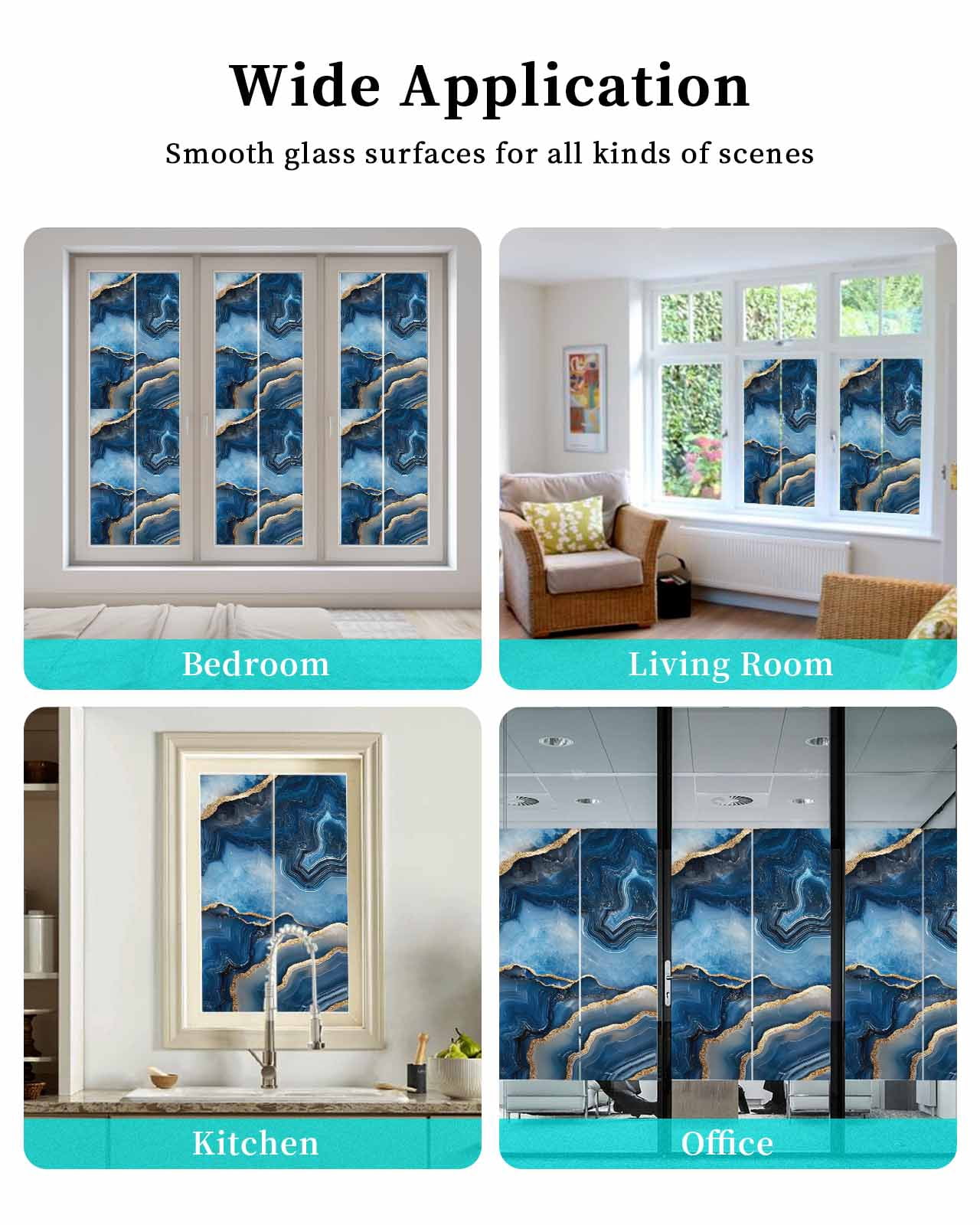 Window Privacy Film Blue Marble Stained Glass Window Film Decorative Sun Block Window Cover Contemporary Abstract Golden Foil Texture Window Clings Static Adhesive Sticker for Bathroom 23.6"x59"