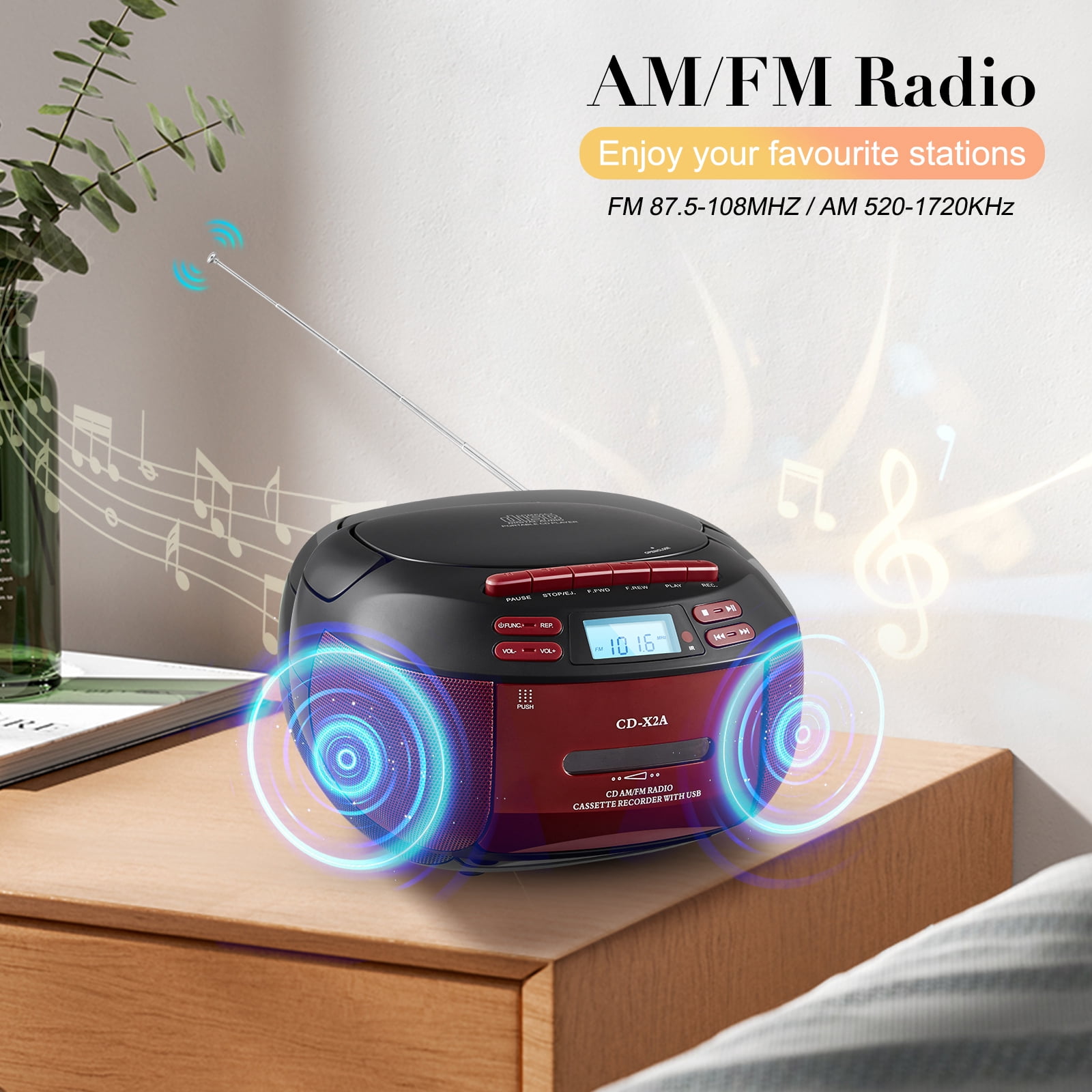 Boombox Cassette CD Player Combo with Bluetooth, Remote, AM/FM Radio, Tape Recording, Black