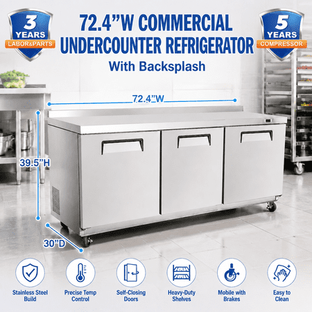 72" W Commercial UnderCounter Refrigerator, 20.5 Cu.ft, 3 Doors,with Backsplash，Stainless Steel Worktop Undercounter Fridge for Restaurant, Diners
