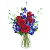 KaBloom Mother's Day Collection: Sapphire Red Bouquet of Fresh Red Roses and Exotic Blue Orchids with Vase