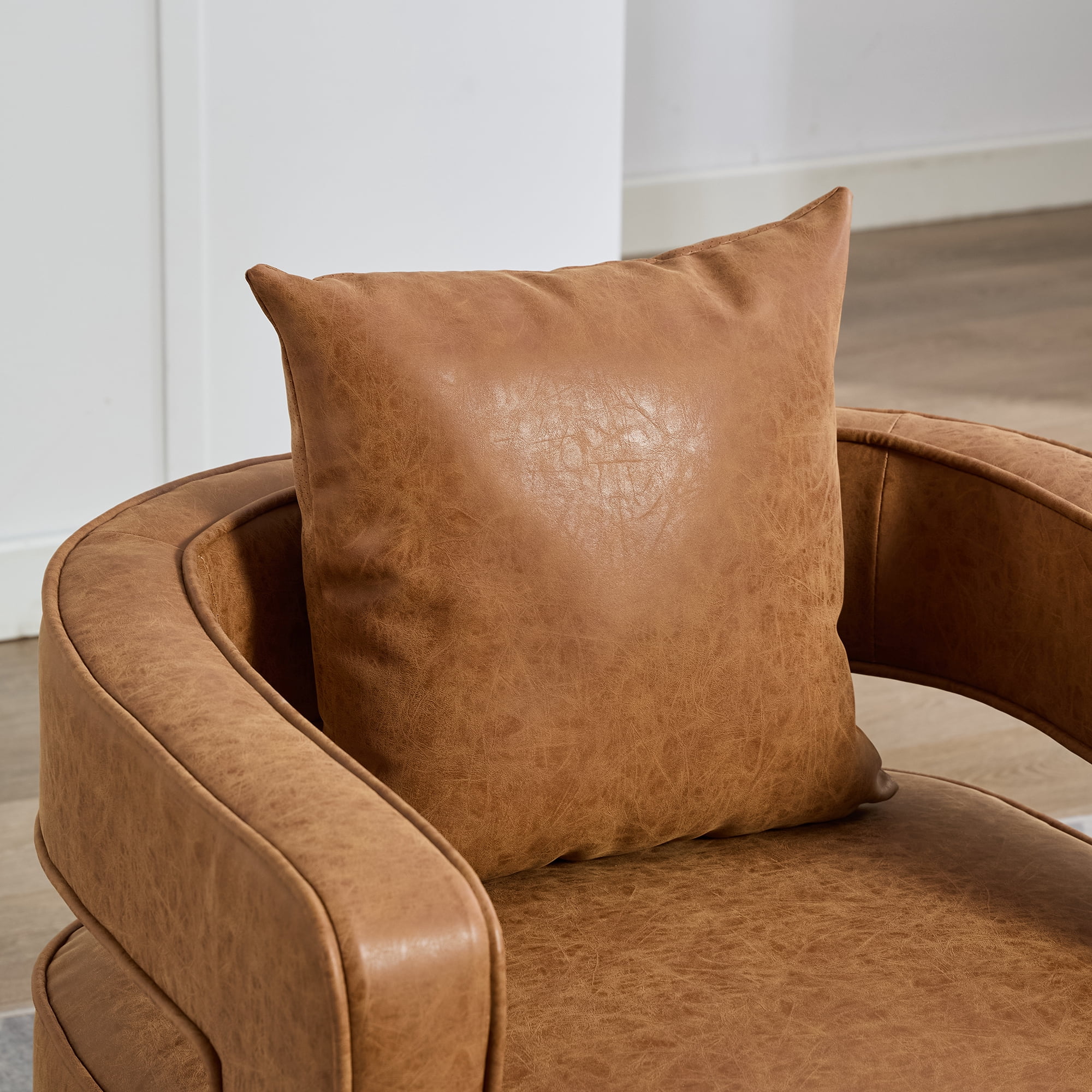 Leumius Swivel Accent Chair with Open Back,Modern Single Sofa Chair With Weathered Base for Nursery Bedroom Living Room Hotel Office, Club Chair Leisure Arm Chair for Lounge,Brown PU