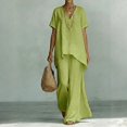 thumbnail image 2 of Women's Linen-Blend Short Sleeve Asymmetric Tunic & Wide Leg Pants 2-Piece Set Casual Summer Daily Vacation Outfit Trendy Going Out Suits for Womens Green L, 2 of 6