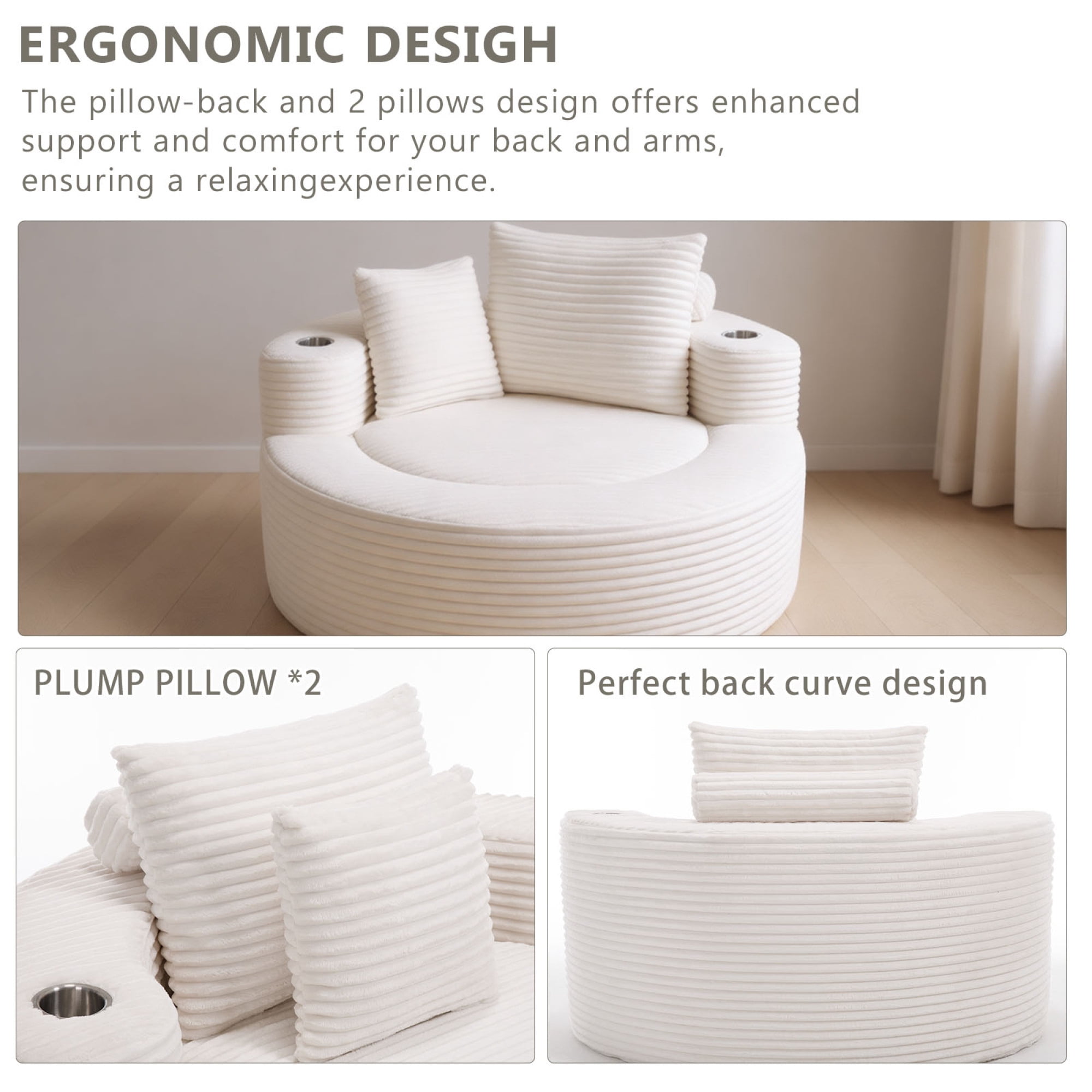 Leumius Oversized Round Chaise Lounge Sofa,Upholstered Lounge Chair with 2 Pillows and Cupholders,Boneless Sofa Couch with Memory Foam,Deep Seat Sleeper Chair for Living Room,No Assembly,White