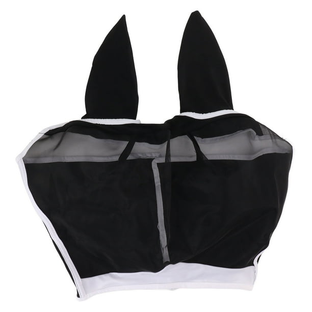 Máscara para moscas de caballo, malla redonda, transpirable, elástica, protección UV, máscara facial para caballo con orejas, color negro, L 45 x 54 cm/17,7 x 21,3 pulgadas