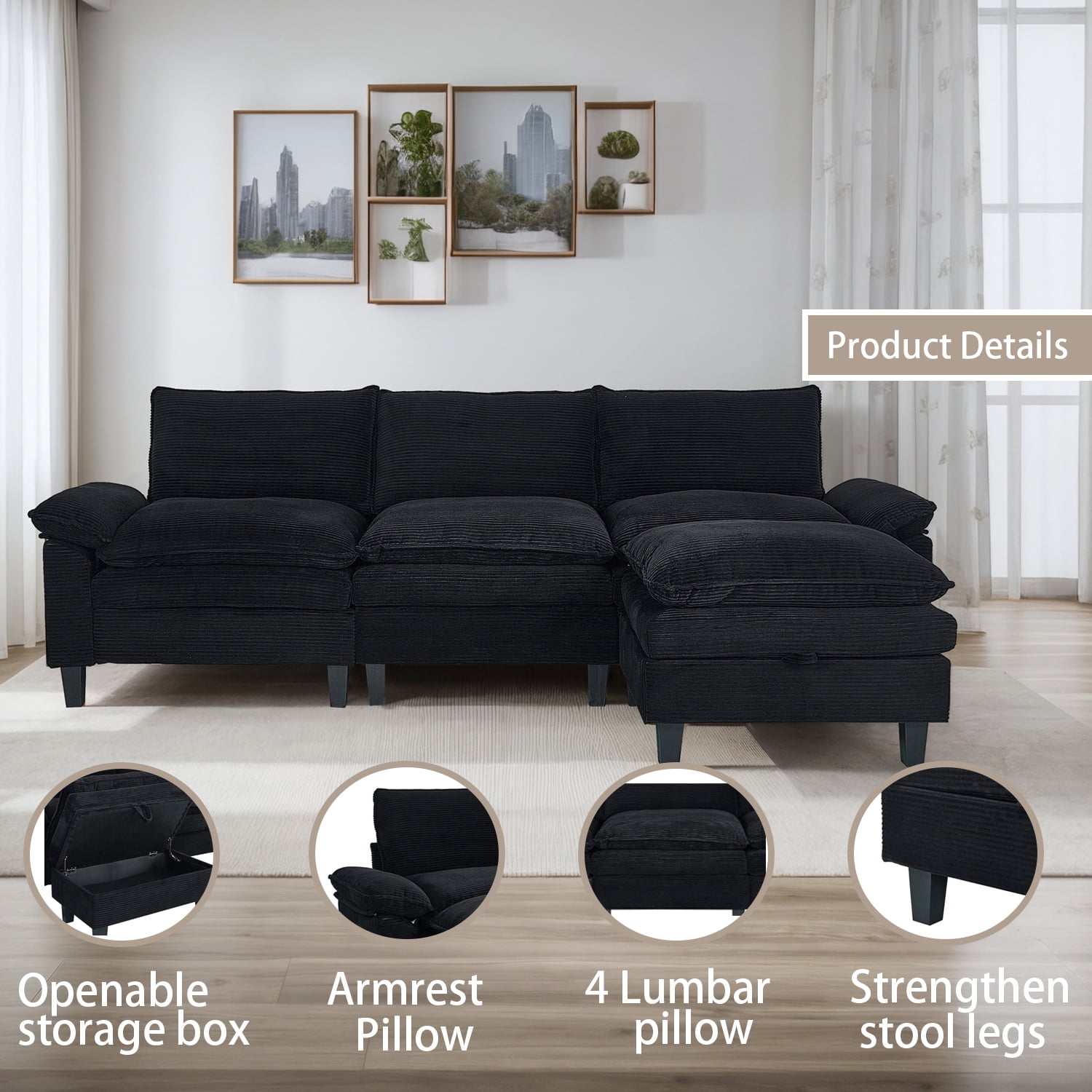 Gewnee Modular Sectional Sofa with Movable Storage Ottomans, U Shaped Cloud Couch for Living Room, 3-Seat