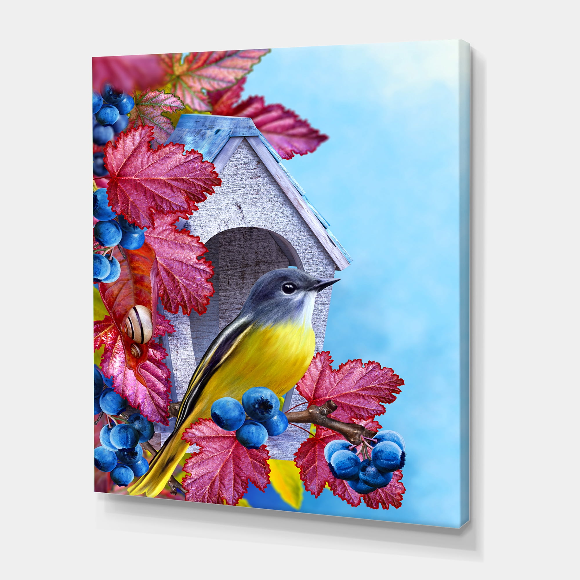 Designart ' Titmouse Bird Sitting On A Berries Branch Near A Birdhouse ' Traditional Canvas Wall Art Print