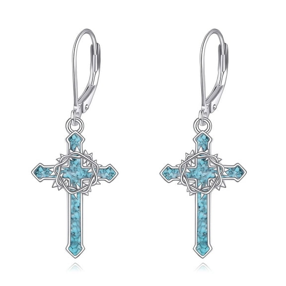 Thorns Cross Earrings 925 Sterling Silver Cross Dangle Drop Earrings Turquoise Jewelry Gifts for Women