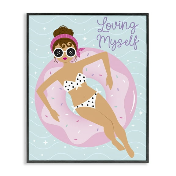 Stupell Industries Loving Myself Girl in Pool People Painting Black Framed Art Print Wall Art, 11 x 14