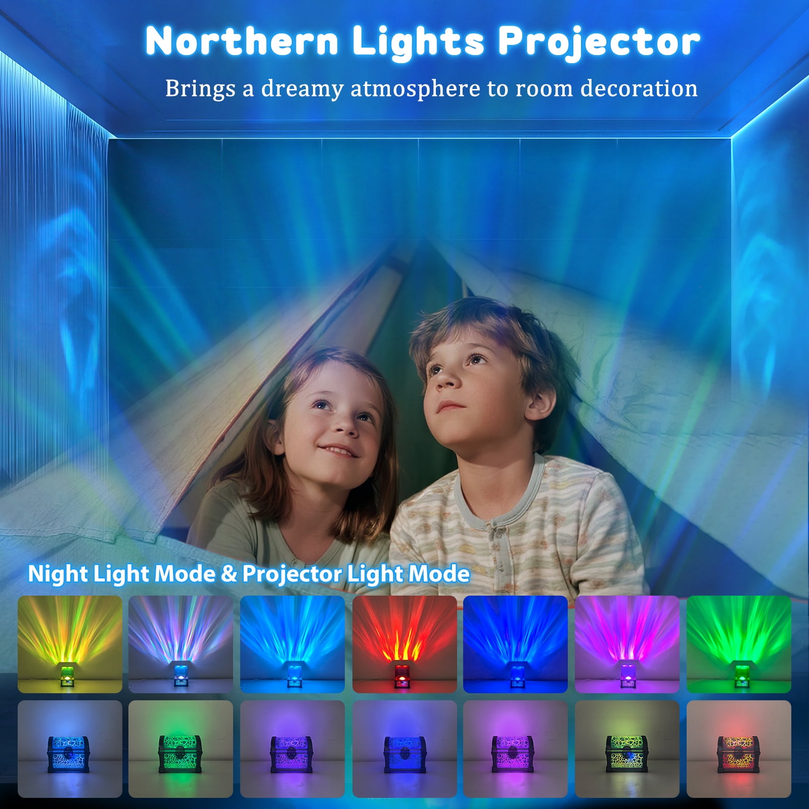 Northern Lights Projector, 7 Colors Treasure Chest Night Light Aurora Lights Projector with 8 Effects & Remote, Dimmable Galaxy Light Ambient Lighting for Bedroom, Gifts for Kids Teen Women