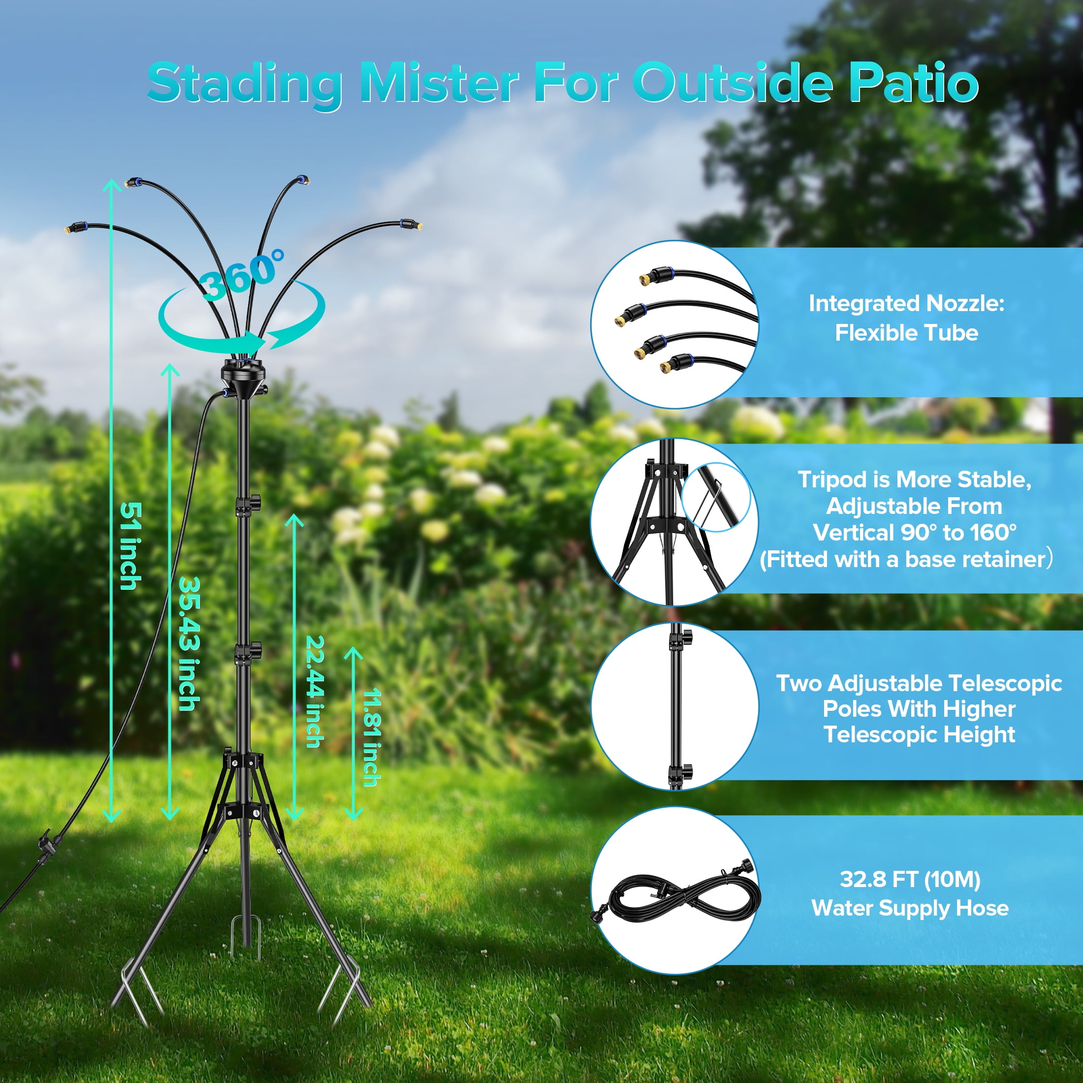 GokeLQ 64in Outdoor Mister for Patio Cooling, Mist System with 6 Nozzles, 4-Way Water Mister, Portable Mister for Yard Pool Plant BBQ Kids Play
