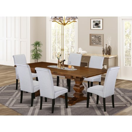 HomeStock Zen Zone 7-Pc Kitchen Table And Chairs With ChairS Legs And Gray Linen Fabric Parson Dining Chairs Set Of 6 And Wood Dining Room Table - Antique Walnut And Black Finish